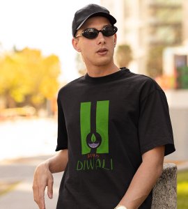 Go green diwali printed diwali themed unisex round neck blended black t-shirt specially for diwali festival