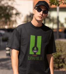 Go green diwali printed diwali themed unisex round neck blended black t-shirt specially for diwali festival