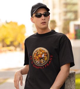 It's diwali feast printed diwali themed unisex round neck blended black t-shirt specially for diwali festival