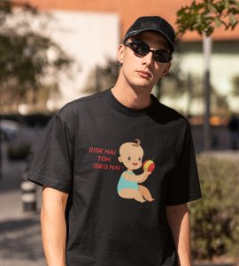 Risk hai printed diwali themed unisex round neck blended black t-shirt specially for diwali festival