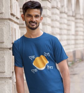 Ek mera, ek tera printed diwali themed unisex round neck blended blue t-shirt specially for diwali festival
