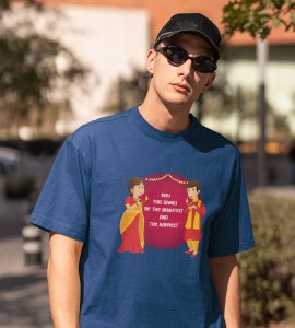 Traditional dressup happy couple printed diwali themed unisex round neck blended blue t-shirt specially for diwali festival