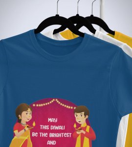 Traditional dressup happy couple printed diwali themed unisex round neck blended blue t-shirt specially for diwali festival