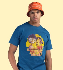 Diya light brighten with animated kids framed printed diwali themed unisex round neck blended blue t-shirt specially for diwali festival