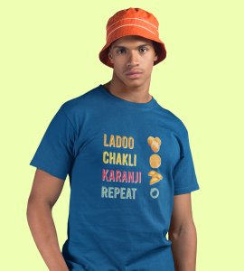 Colourful ladoo, chakli, karenji, repeat text printed diwali themed unisex round neck blended blue t-shirt specially for diwali festival
