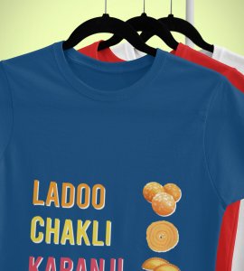 Colourful ladoo, chakli, karenji, repeat text printed diwali themed unisex round neck blended blue t-shirt specially for diwali festival