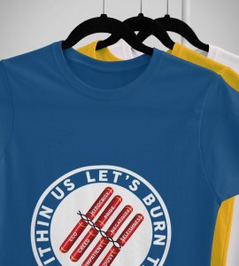 Let's burn the evil printed diwali themed unisex round neck blended blue t-shirt specially for diwali festival