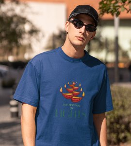 Diyas opposite wise framed printed diwali themed unisex round neck blended blue t-shirt specially for diwali festival