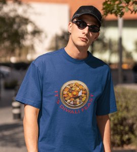 It's diwali feast printed diwali themed unisex round neck blended blue t-shirt specially for diwali festival