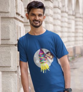 Rocket cracker printed diwali themed unisex round neck blended blue t-shirt specially for diwali festival