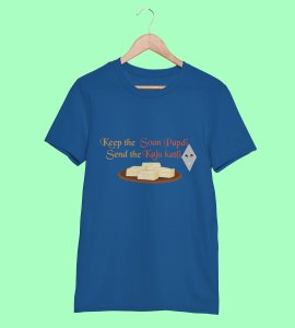 Keep the soan papdi printed diwali themed unisex round neck blended blue t-shirt specially for diwali festival