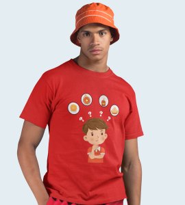 A child thinking printed diwali themed unisex round neck blended red t-shirt specially for diwali festival