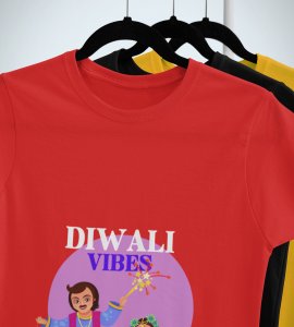 Traditional dressup combined father-daughter duo printed diwali themed unisex round neck blended red t-shirt specially for diwali festival