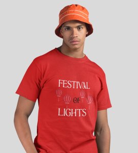 Festival of lights text printed diwali themed unisex round neck blended red t-shirt specially for diwali festival