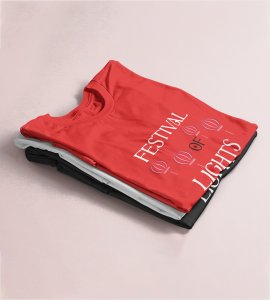 Festival of lights text printed diwali themed unisex round neck blended red t-shirt specially for diwali festival
