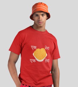 Ek tera, ek mera printed diwali themed unisex round neck blended red t-shirt specially for diwali festival