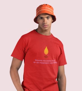 Wishing you printed diwali themed unisex round neck blended red t-shirt specially for diwali festival