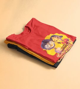 Diyas light and animated kids printed diwali themed unisex round neck blended red t-shirt specially for diwali festival