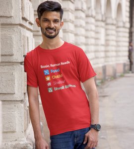 Basic human needs printed diwali themed unisex round neck blended red t-shirt specially for diwali festival
