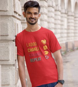 Laddoo, chakli, Karanji, repeat printed diwali themed unisex round neck blended red t-shirt specially for diwali festival