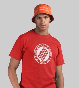 Lets burn the evil printed diwali themed unisex round neck blended red t-shirt specially for diwali festival
