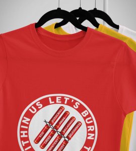Lets burn the evil printed diwali themed unisex round neck blended red t-shirt specially for diwali festival