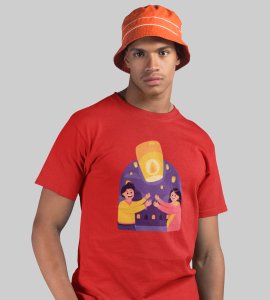 Air balloon & animated couple printed diwali themed unisex round neck blended red t-shirt specially for diwali festival