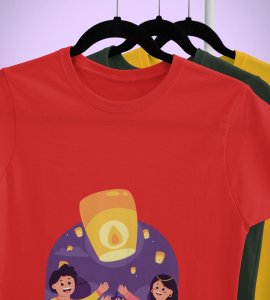 Air balloon & animated couple printed diwali themed unisex round neck blended red t-shirt specially for diwali festival