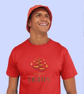 Diyas opposite wise framed printed diwali themed unisex round neck blended red t-shirt specially for diwali festival