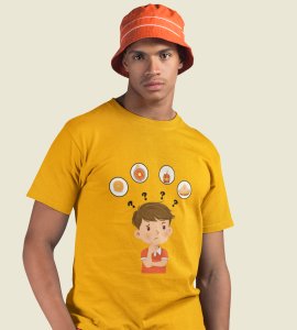 A child thinking printed diwali themed unisex round neck blended yellow t-shirt specially for diwali festival