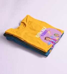 Diwali vibes printed diwali themed unisex round neck blended yellow t-shirt specially for diwali festival