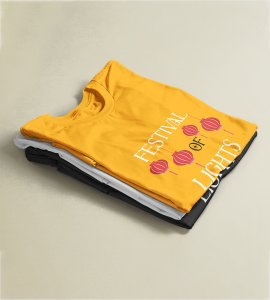 Festival of lights text printed diwali themed unisex round neck blended yellow t-shirt specially for diwali festival