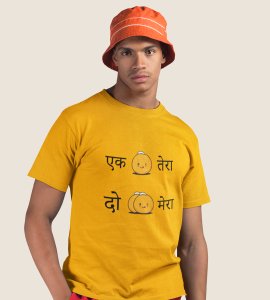 Ek ladoo tera, do ladoo mera printed diwali themed unisex round neck blended yellow t-shirt specially for diwali festival