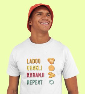 Laddoo, chakli, Karanji, repeat printed diwali themed unisex round neck blended white t-shirt specially for diwali festival