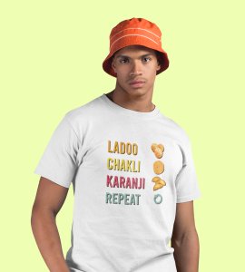Laddoo, chakli, Karanji, repeat printed diwali themed unisex round neck blended white t-shirt specially for diwali festival