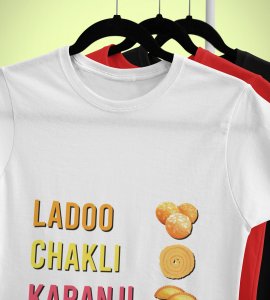 Laddoo, chakli, Karanji, repeat printed diwali themed unisex round neck blended white t-shirt specially for diwali festival