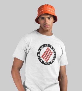 Let's burn the evil within printed diwali themed unisex round neck blended white t-shirt specially for diwali festival