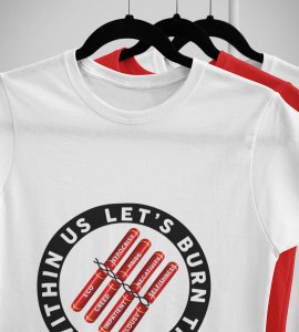 Let's burn the evil within printed diwali themed unisex round neck blended white t-shirt specially for diwali festival