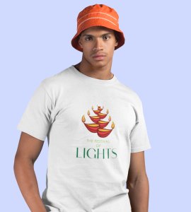 Diyas opposite wise framed printed diwali themed unisex round neck blended white t-shirt specially for diwali festival