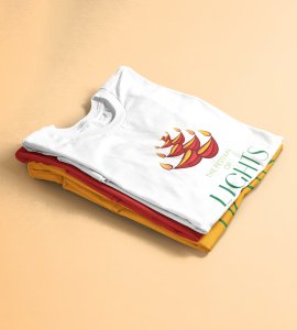 Diyas opposite wise framed printed diwali themed unisex round neck blended white t-shirt specially for diwali festival