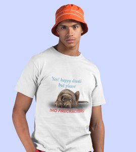 No harm to animal, diwali themed unisex round neck blended white t-shirt specially for diwali festival
