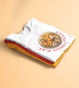 It's diwali feast printed diwali themed unisex round neck blended white t-shirt specially for diwali festival