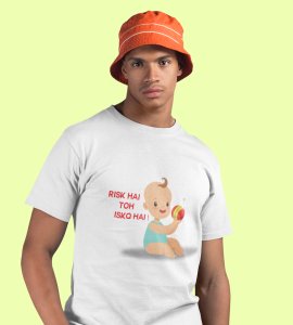 Risk hai printed diwali themed unisex round neck blended white t-shirt specially for diwali festival