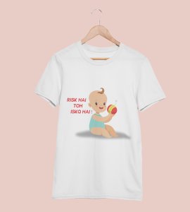 Risk hai printed diwali themed unisex round neck blended white t-shirt specially for diwali festival