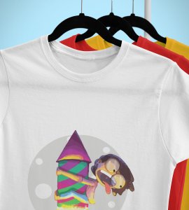 Rocket cracker printed diwali themed unisex round neck blended white t-shirt specially for diwali festival
