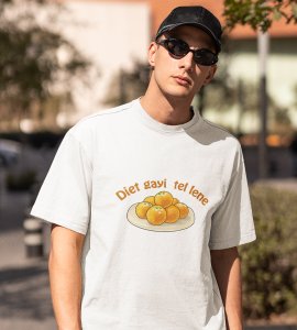 Diet gayi tel lene printed diwali themed unisex round neck blended white t-shirt specially for diwali festival