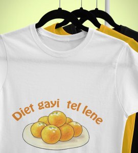 Diet gayi tel lene printed diwali themed unisex round neck blended white t-shirt specially for diwali festival
