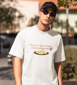 Keep the soan papdi printed diwali themed unisex round neck blended white t-shirt specially for diwali festival