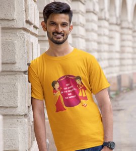 Gujju animated couple printed diwali themed unisex round neck blended yellow t-shirt specially for diwali festival