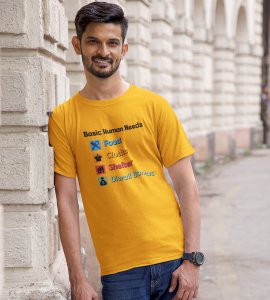 Basic human needs printed diwali themed unisex round neck blended yellow t-shirt specially for diwali festival